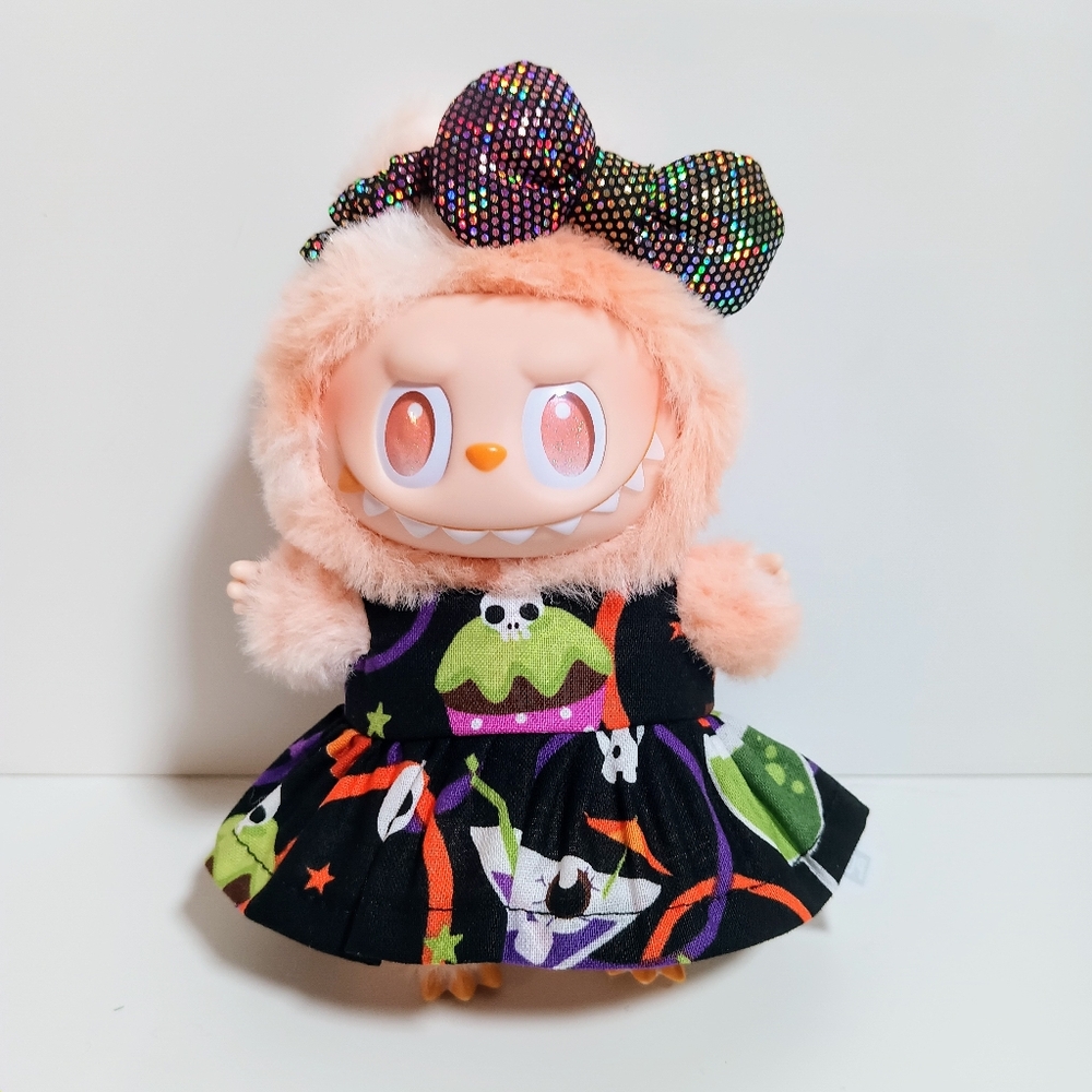 Custom Labubu Spooky Halloween Skeleton Cupcake Dress and Metallic Bow